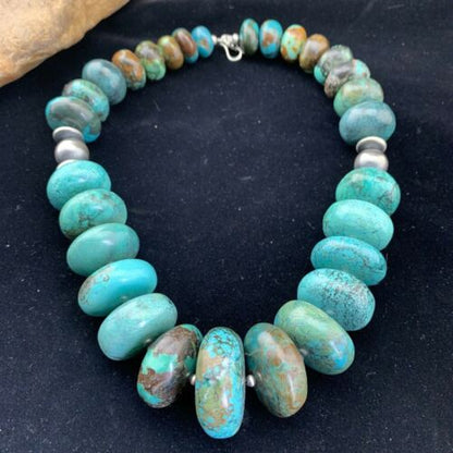 Navajo Pearl Sterling Silver Necklace | Graduated Blue Chunky Turquoise | Authentic Native American | 24" | 01743