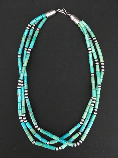 Navajo Turquoise Tube Bead Necklace | 3 Strand | Sterling Silver | 22" | Authentic Native American Handmade | 4790