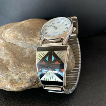Navajo Men's Watch Tips | Sterling Silver with Onyx, Coral, Turquoise Inlay | Authentic Native American Jewelry | 11576