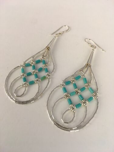Native American Blue Turquoise Heishi Dangle Earrings | Sterling Silver | 2" | 8878