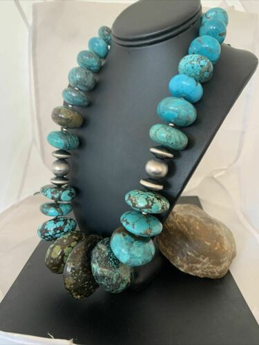 Men's Navajo Pearl Sterling Silver & Natural Blue Turquoise Graduated Necklace | Authentic Native American | 21"