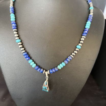 Zuni Blue Turquoise Lapis Multi-Stone Necklace Pendant | Authentic Native American Sterling Silver | 14639