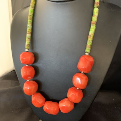 Navajo Green Gaspeite | Coral Pendant Necklace | Sterling Silver | Authentic Native American Handmade | 20" | 13955