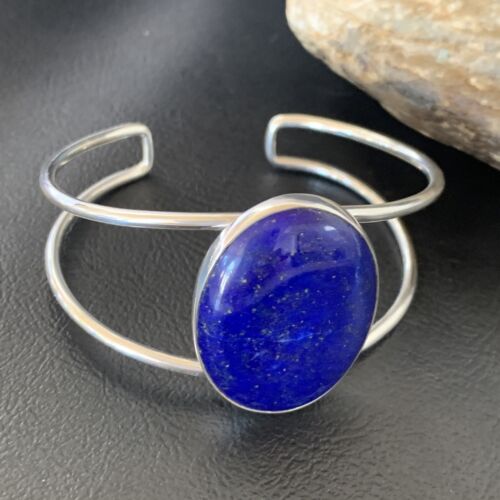 Minimalist Women's Blue Lapis Lazuli Cuff Wire Bracelet | Sterling Silver | 12873