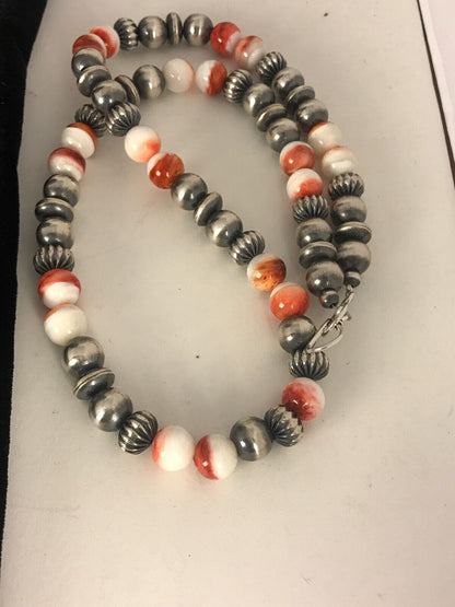 Navajo Spiny Oyster Beads Necklace | Sterling Silver | 21" | Authentic Native American Handmade | 8533