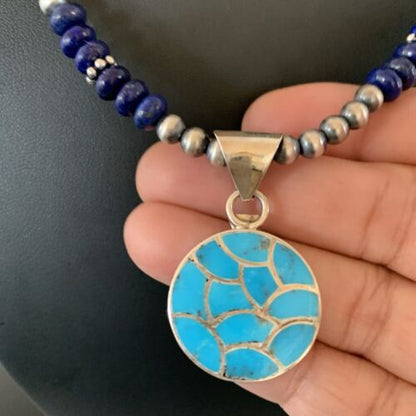 Navajo Sterling Silver Lapis Blue Turquoise Inlay Pendant Necklace | Authentic Native American Handmade | 1172