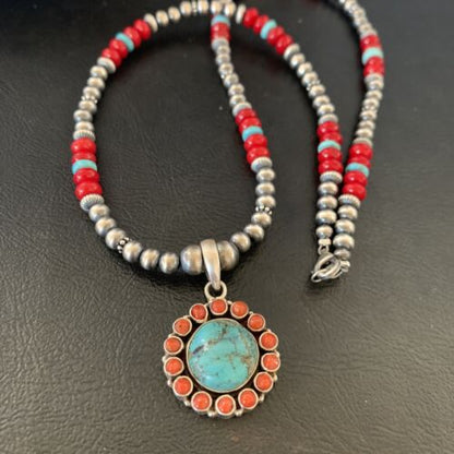 Southwestern Navajo Multi-Stone Necklace | Turquoise Coral Pendant | Sterling Silver | 21" | 12581
