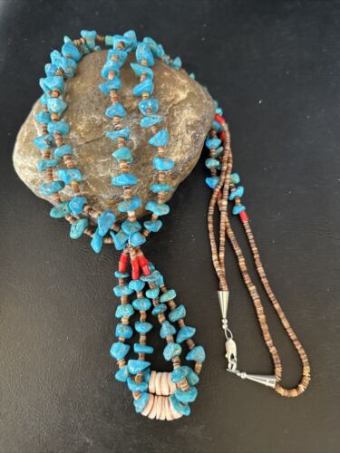 Santo Domingo Shell Turquoise Bead Pendant Jacla Necklace | 2 Strand | Pearls | Native American Handmade | 14633