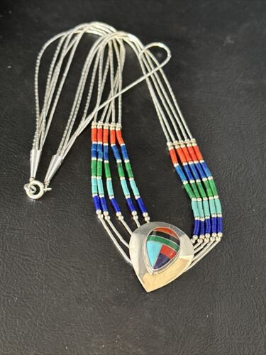 Multi-Color Liquid Silver Heishi 5-Strand Necklace | Sterling Silver Pendant | Native American Handmade | 14824 - Masha USA