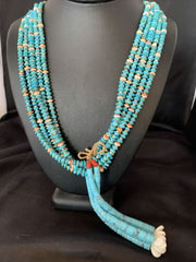 Native American Santo Domingo Spiny Blue Turquoise Shell Jacla Necklace | 5 Strand | 32" | 13192