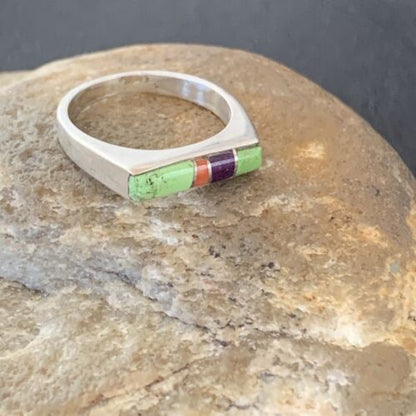 Southwestern Navajo Green Gaspeite Sugilite Red Coral Inlay Ring | Sz 7 | 02252