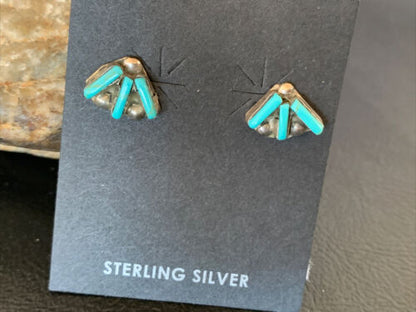 Zuni Handmade Kingman Turquoise Needle Point Stud Earrings | Sterling Silver | 13026