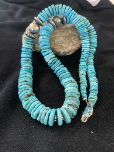 Southwestern Navajo Sterling Silver Graduated Blue Turquoise Necklace | Authentic Native American | 25" | 602