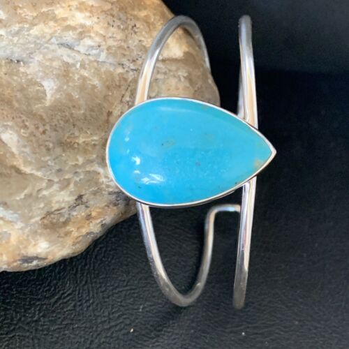 Minimalist Women's Blue Kingman Turquoise Cuff Wire Bracelet | Sterling Silver | 12867