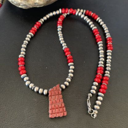 Navajo Red Coral Corn Inlay Necklace Pendant | Sterling Silver | 21" | Authentic Native American Handmade | 12585 - Masha USA