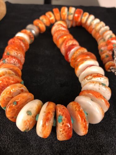Authentic Native American Navajo Necklace | Orange Spiny Oyster & Turquoise | Sterling Silver | 22"