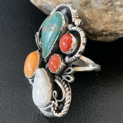 Navajo Blue Kingman Turquoise and Spiny Oyster Ring | Authentic Native American Sterling Silver | Multi-Stone | Sz 12.5 | 02163 - Masha USA