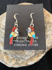 Native American Zuni Parakeet Bird Earrings | Sterling Silver Coral Turquoise | Handmade | 1713