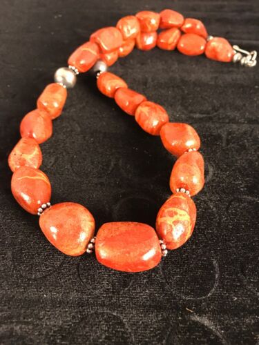 Navajo Apple Coral Sponge Bead Necklace | Sterling Silver | Authentic Native American Handmade | 22" | 8526