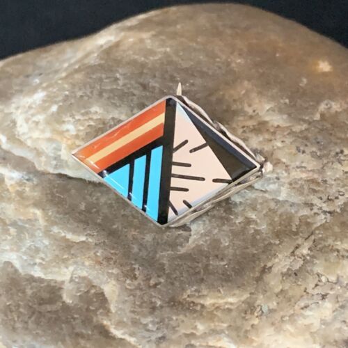 Authentic Native American Zuni Necklace & Pin | Sterling Silver with Blue Turquoise, Coral, Mother of Pearl | 13696