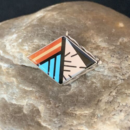 Authentic Native American Zuni Necklace & Pin | Sterling Silver with Blue Turquoise, Coral, Mother of Pearl | 13696