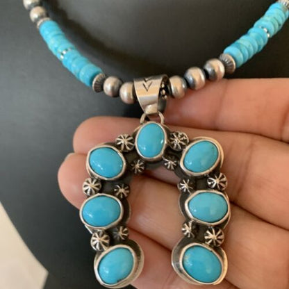 Navajo Blue Turquoise Necklace with Sterling Silver Naja Pendant | Authentic Native American Handmade | 02017