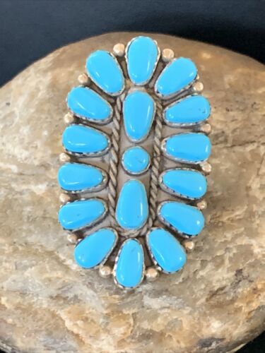 Navajo Kingman Turquoise Cluster Ring | Authentic Native American Sterling Silver | Multi-Stone | Sz 8 | 13856