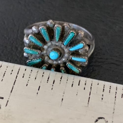 Zuni Blue Turquoise Multi-Stone Cluster Ring | Authentic Native American Sterling Silver Needle Point | Sz 7 | 10741