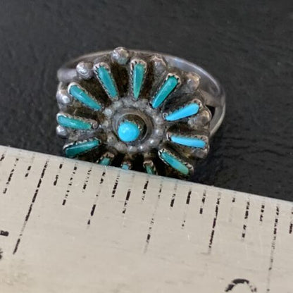 Zuni Blue Turquoise Multi-Stone Cluster Ring | Authentic Native American Sterling Silver Needle Point | Sz 7 | 10741
