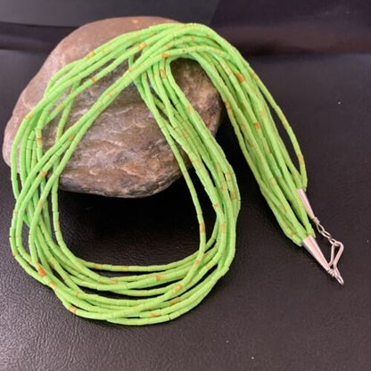 Southwestern Green Gaspeite Heishi Necklace | 10 Strand | Sterling Silver | 20" | 2238