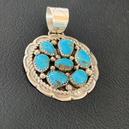 Navajo Blue Turquoise and Multi-Stone Round Cluster Pendant | Authentic Native American Sterling Silver | 2" | 02096