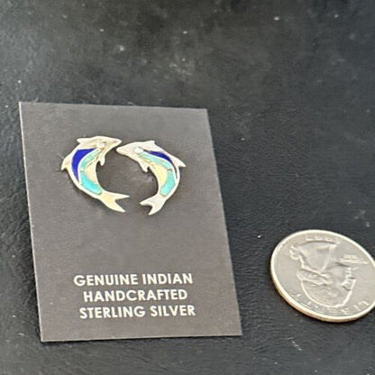 Navajo Multi-Color Dolphin Earrings | Turquoise Lapis Inlay | Sterling Silver | Authentic Native American Handmade | 14657