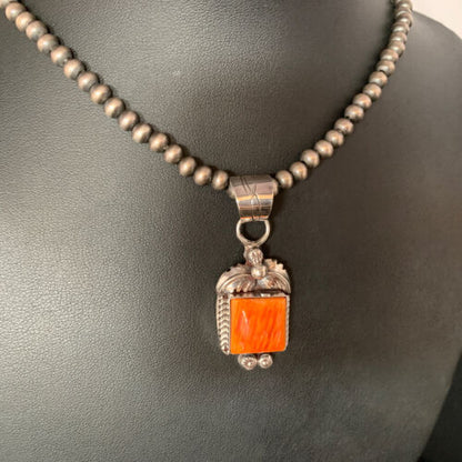 Navajo Orange Spiny Oyster Square Pendant Necklace | Sterling Silver | Authentic Native American Handmade | 13642