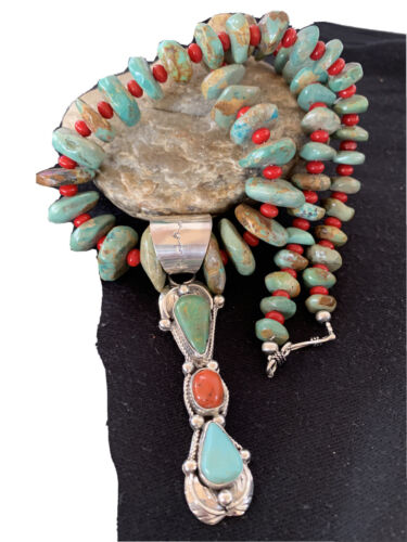 Native Navajo Turquoise & Coral Pendant Sterling Silver Necklace 1381