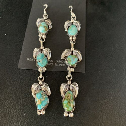 Navajo Sonoran Gold Turquoise Earrings | Sterling Silver | 3 Dangle | Authentic Native American Handmade | 13923