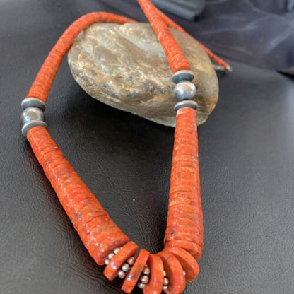Navajo Apple Sponge Coral Bead Graduated Necklace | Sterling Silver | Authentic Native American | 25" | 11752