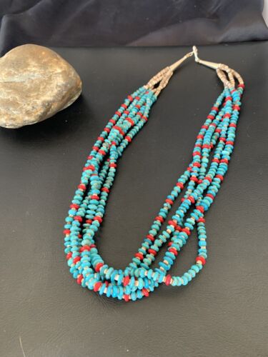 Southwestern Santo Domingo Coral Spiny Blue Turquoise Necklace | 5 Strand | 22" | 12049