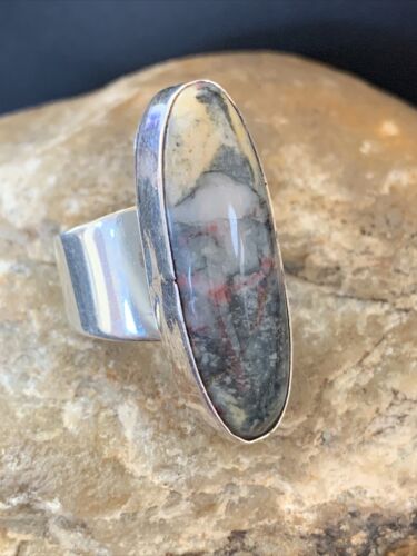Southwestern Navajo Cinnabrite Ring | White Black | Sterling Silver | Sz 7.5 | 01559