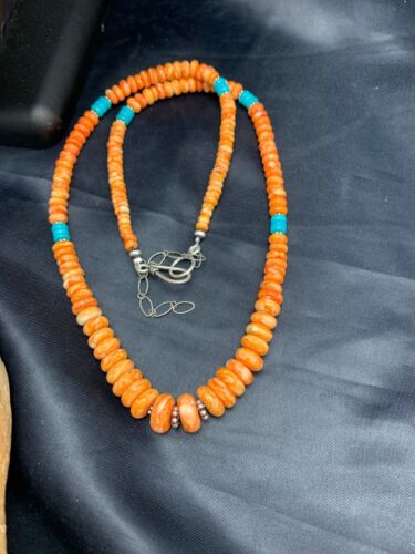 Navajo Spiny Oyster & Turquoise Graduated Necklace | Sterling Silver | Authentic Native American | 20" | 4608