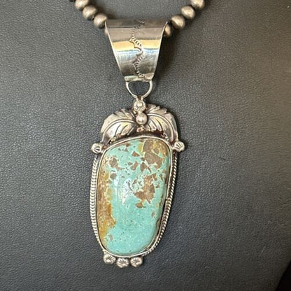 Navajo Pearls Sterling Silver Necklace with Blue Turquoise #8 Pendant | Authentic Native American Handmade | 14809
