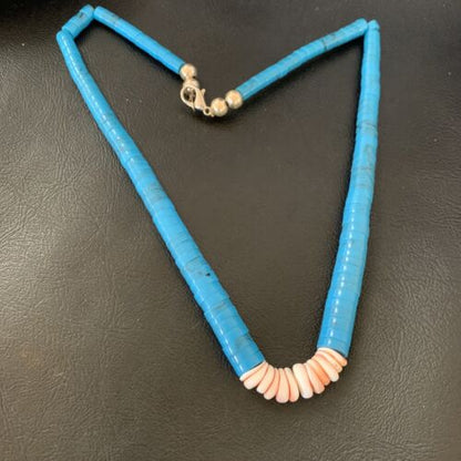 Southwestern Santo Domingo Spiny Oyster & Blue Turquoise Graduated Necklace | Authentic Native American | 18" | 12525