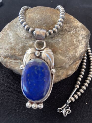 Native American Men's Navajo Pearl Pendant Necklace | Sterling Silver Blue Lapis | 01527
