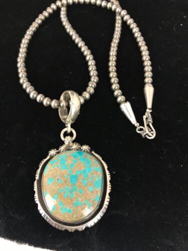Navajo Pearls Sterling Silver Turquoise #8 Necklace Pendant | 2.5" | Signed | Authentic Native American Handmade | 3954