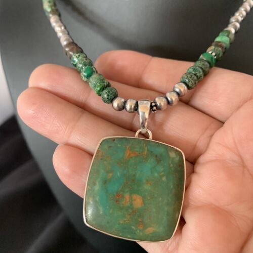 Women's Green Turquoise Pendant Necklace | Navajo Pearls Sterling Bead | Authentic Native American Handmade | 13306