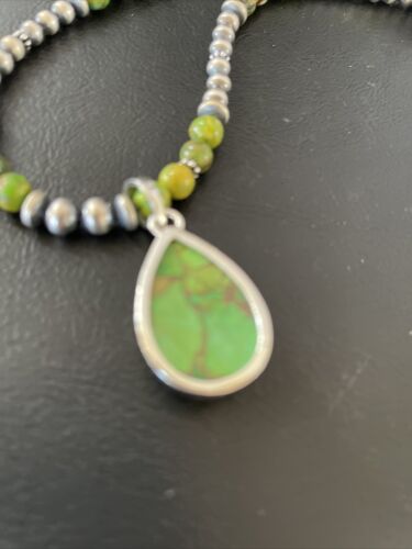 Navajo Pearl Necklace with Green Mojave Turquoise Pendant | Sterling Silver | Authentic Native American Handmade | 10312