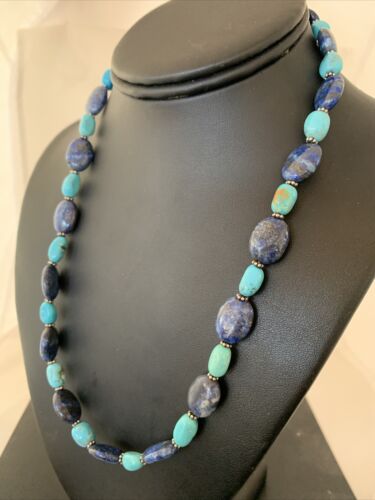 Navajo Denim Lapis & Turquoise Beads Necklace | Sterling Silver | Authentic Native American Handmade | 20" | 01038