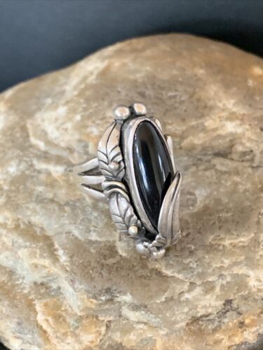 Native American Indian Design Black Onyx Ring | Sterling Silver | Sz 6.5 | 10796