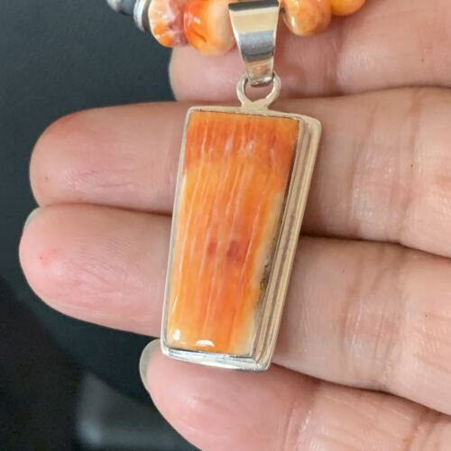 Navajo Pearls Sterling Silver Necklace | Orange Spiny Oyster Pendant | Authentic Native American Handmade | 11386