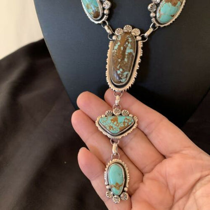 Navajo Blue Turquoise Lariat Necklace | Sterling Silver | Authentic Native American Handmade | 11468