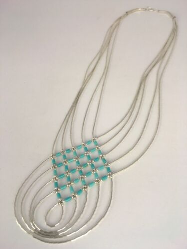Turquoise Heishi Tubes Pendant | 5-Strand Liquid Sterling Silver Necklace | Authentic Native American Handmade | 8880